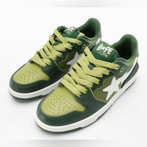 A Bathing Ape Bape SK8 Sta Green/White Leather Sneakers, With Box